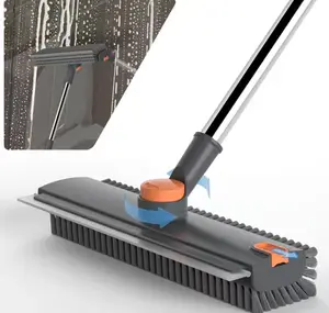 Scrub Brush with Long Handle, Floor Scrub Brush Squeegee Broom for Cleaning, 3 in 1 Shower Scrubber Floor Broom Squeegee for Concrete Tile Wall Deck Patio Grey