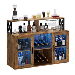 Garvee Modern Liquor Bar for Home with Alcohol Cabinet Featuring Fridge, Power Outlets, LED Lights, Glass Holder, and Storage Racks - Ideal for Living Room, Kitchen, or Man Cave in Brown Finish