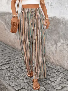 Plus Size Boho Striped Wide Leg Pants, High Waist Loose Fit Slimming Casual Trousers, Women's Fashion Comfortable Bottoms