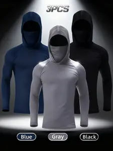 3 Pack UPF Men's Sun Protection Hoodie with Mask Long Sleeve T-shirt Breathable Quick Dry Lightweight Fishing Shirt for Outdoor & Indoor Activities Hiking Running Sportswear