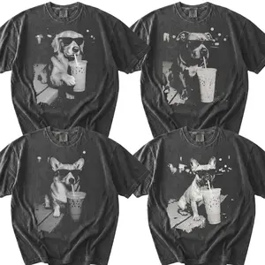 Comfort Colors Vintage 50+ Dog Drinking Iced Coffee T-shirt, Funny Dog Shirt, Dog Breeds Graphic Tee, Dog Dad Unisex Tee, Dog Lover Shirt Gift