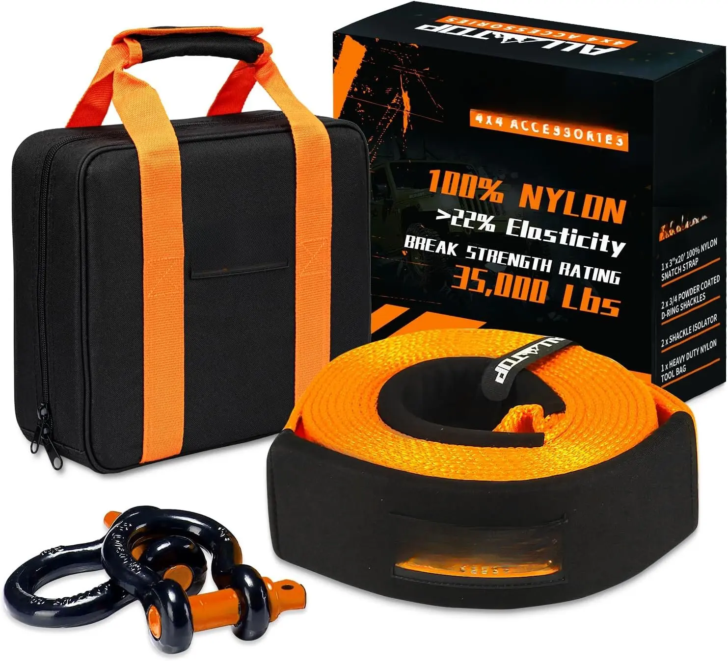 Heavy Duty Tow Strap  Kit: 3 inch x 20ft (35,000lbs)  Nylon and 22% Elongation Snatch Strap + 3/4 Heavy Duty D Ring Shackles (2pcs) + Storage Bag