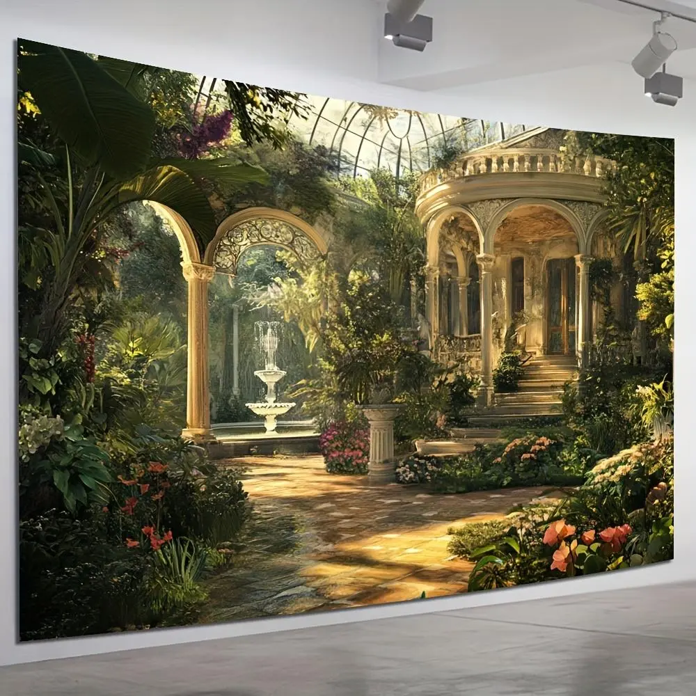 1pc Polyester Victorian Style 2D Flat Tapestry Throw - 1-piece Soft Texture Durable Synthetic Fabric, Lush Garden & Classical Architecture Design, Indoor Use Glam Decorative Accent for Living Room, Machine Washable, One-Piece, Print