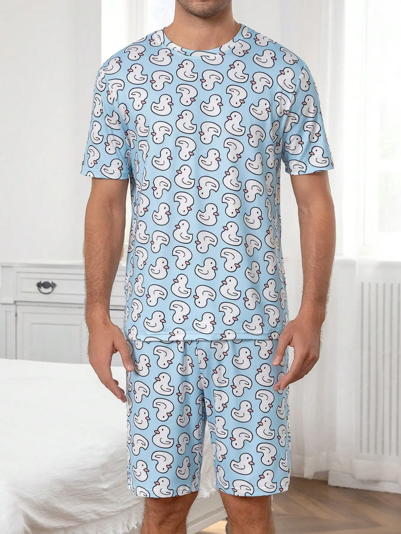 Men's Light Blue Duck Print Pajamas, Breathable, Soft and Skin-Friendly, Casual Loungewear Set, Comfortable Sleepwear for Men