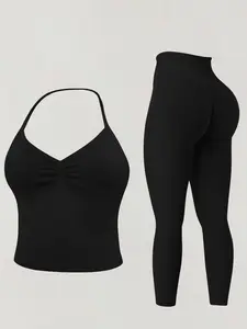 Women's Sports Set, Halter Neck Sports Bra Vest & High Waist Tight Pants, Removable Pads, Suitable for Running and Yoga, Sports Activewear Set