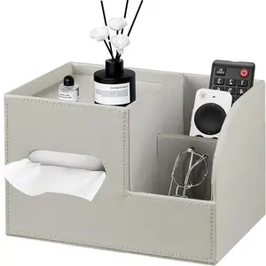 PU Leather Tissue Box Cover Square,Tissue Box Holder Organizer with Storage Tray and Remote Control Holder for Bathroom Countertop Night Stands Bedroom Office Desk,Napkin Caddy Decorative Grey