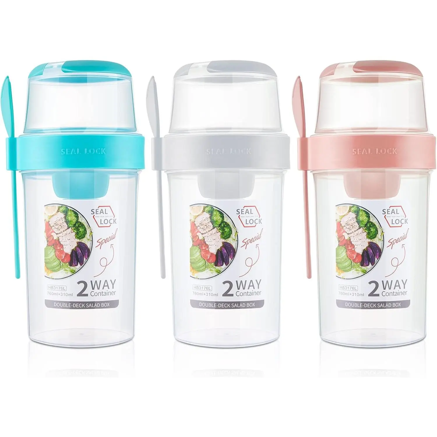3 count Salad Shaker Cup with Lids and Fork Fresh Salad Shaker Container for Lunch, Portable Breakfast Meal Vegetable and Fruits (White,Pink,Green)