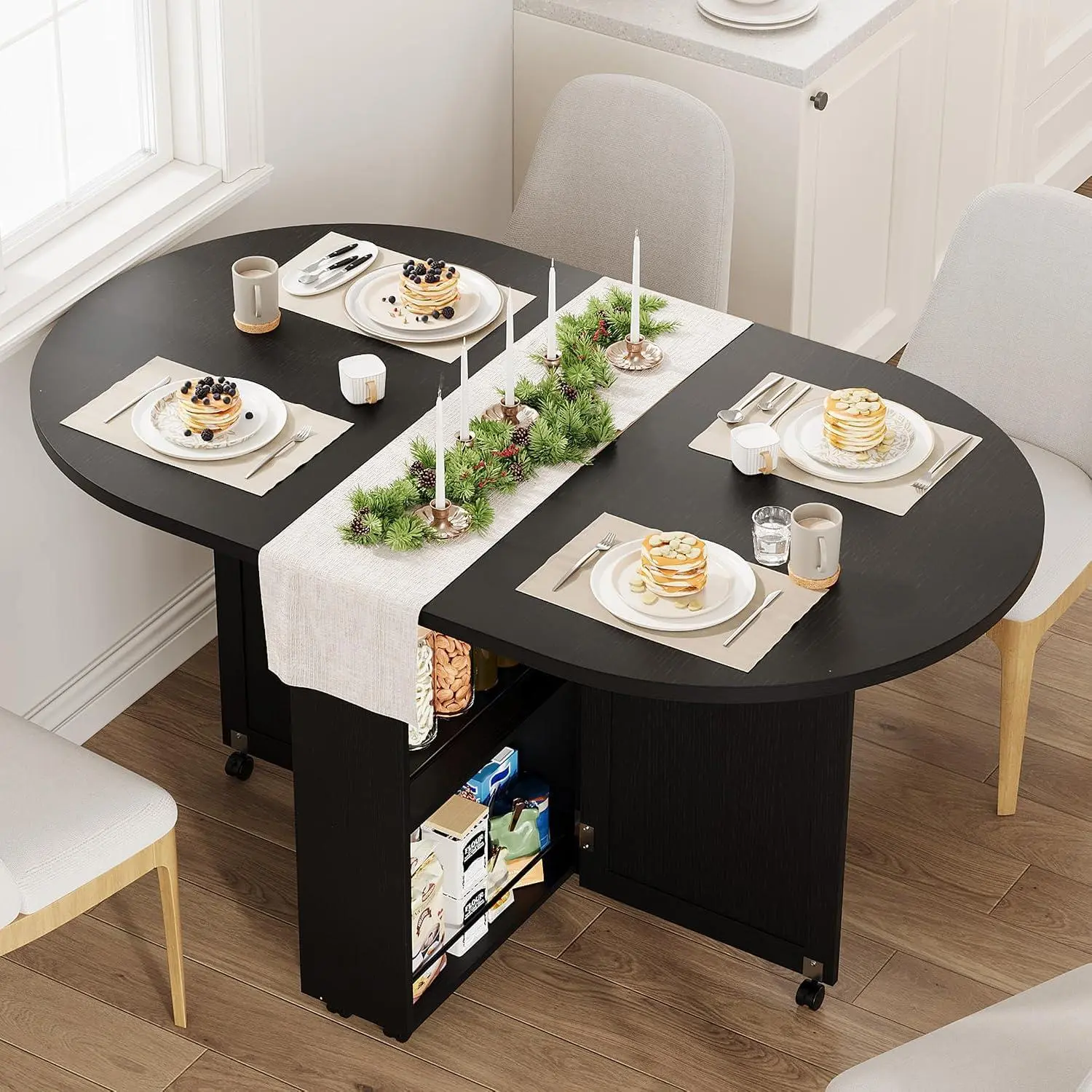 GAOMON 3-in-1 Drop Leaf Folding Dining Table with Storage - 51" Oval Rolling Extendable Kitchen Table on Lockable Casters - Wine Rack, Drawer & Shelves - Space-Saving for Small Spaces