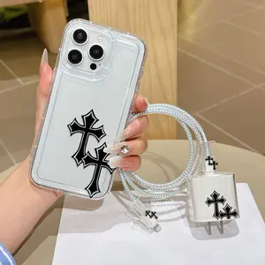 New 6-Piece Set Transparent Phone Case with Air Cushion, Charger Head Cover, Cable Protector, Storage Rope, Data Line Wrap, Fits iPhone 15-17 Series