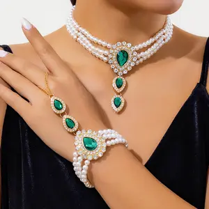 Adjustable Green Rhinestone & Pearl Choker Necklace Set, Layered Bridal Jewelry for Weddings & Daily Wear