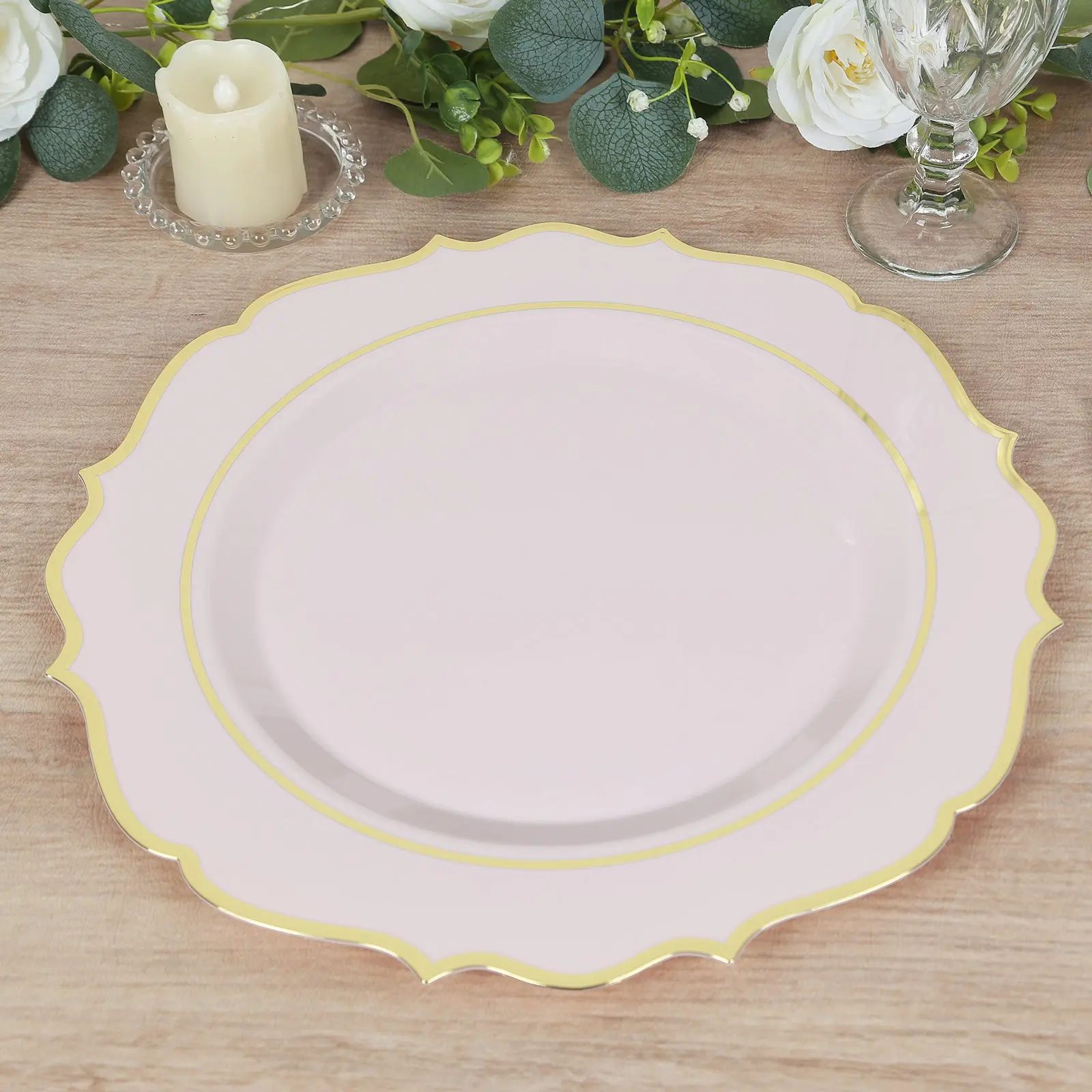 Plastic Plates Set, 10-Pack Economy 13" Round Blush Plastic Charger Plates with Gold Scalloped Rim - Decorative for Wedding, Holiday Events Dinner Party Serving, Tableware For Party, Gold Rim