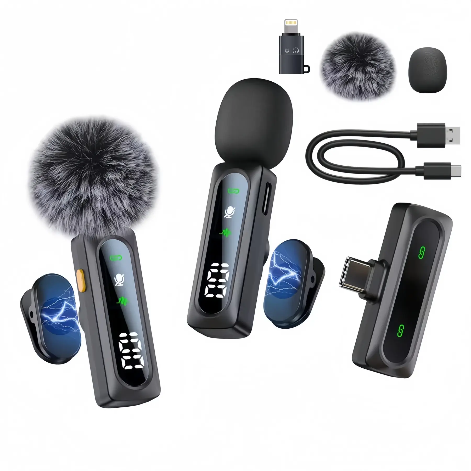 Mini Rechargeable Wireless Microphone with Plug-and-Play Receiver, Noise Reduction, Clip-On Design, Digital Battery Display for iPhone, Android, PC, Vlogging