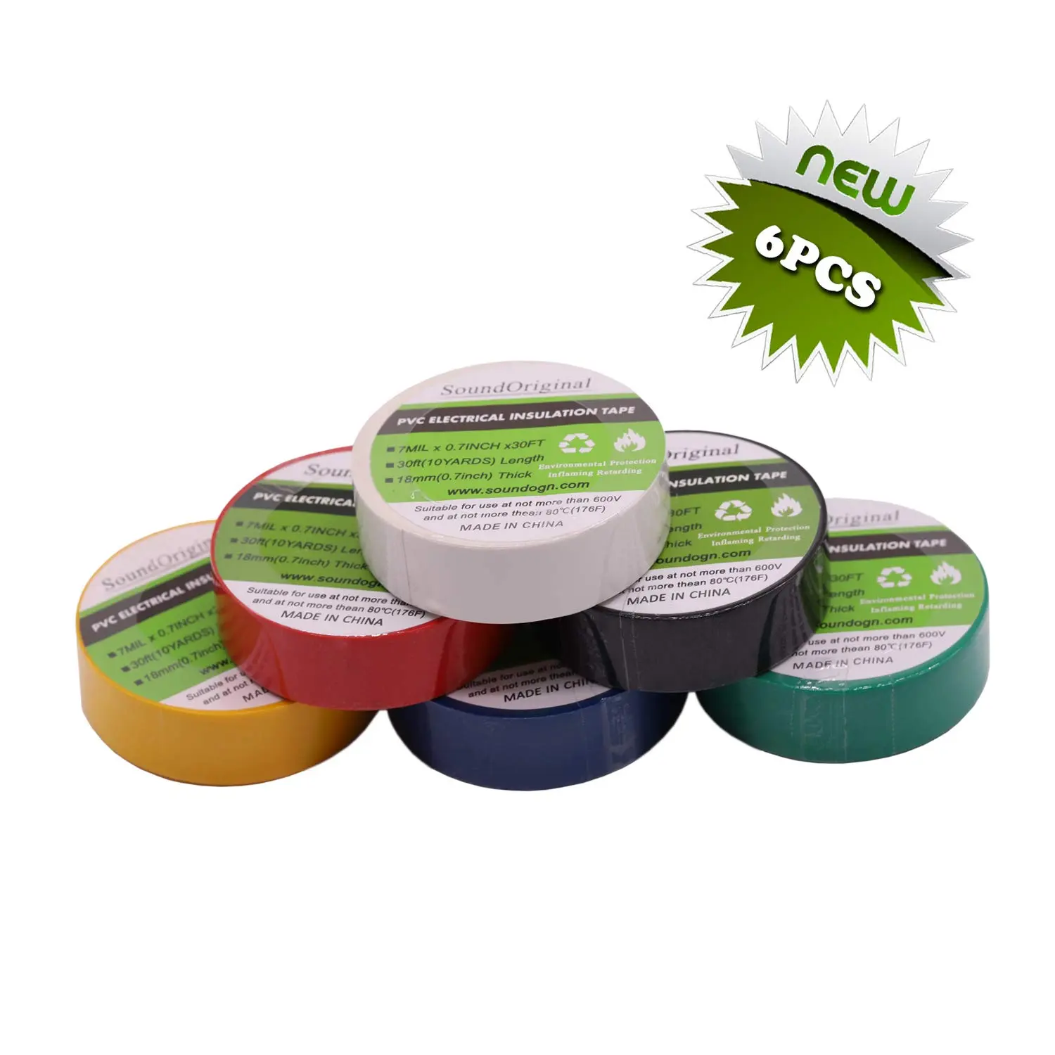 Electrical Tape Colors 6 Pack 0.7-Inch by 30 Feet, Voltage Level 600V Dustproof, Adhesive for General Home Vehicle Auto Car Power Circuit Wiring Multicolor