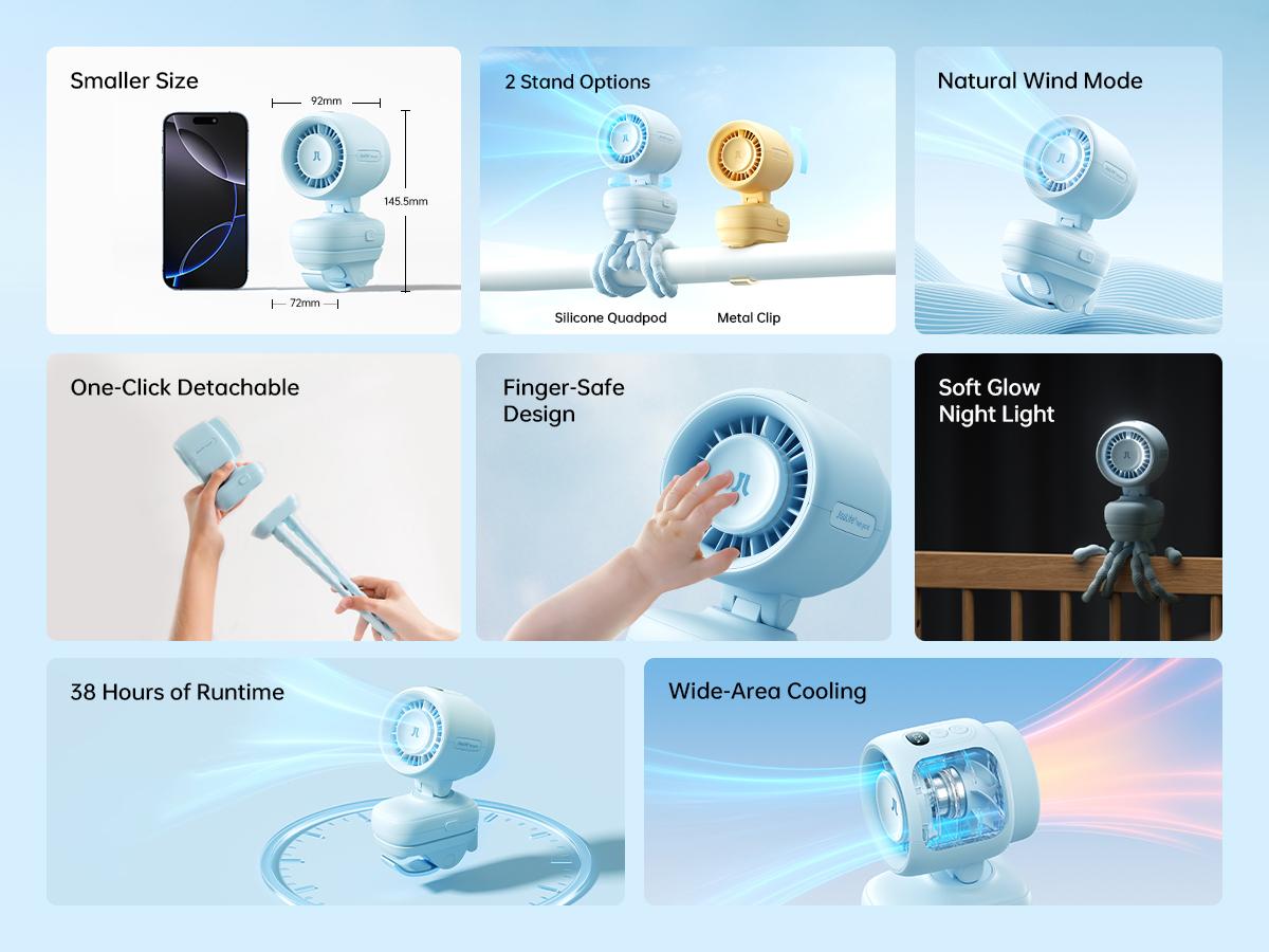 JISULIFE Stroller Fan Life4 Baby Portable Fan, Compact Lightweight, Finger-Safe Design for Crib Desk, 220° Adjustable Airflow, 38H Long Battery Rechargeable Cooling Fan with Night Light, Food-Grade Gift for Mom/Dad/Friend