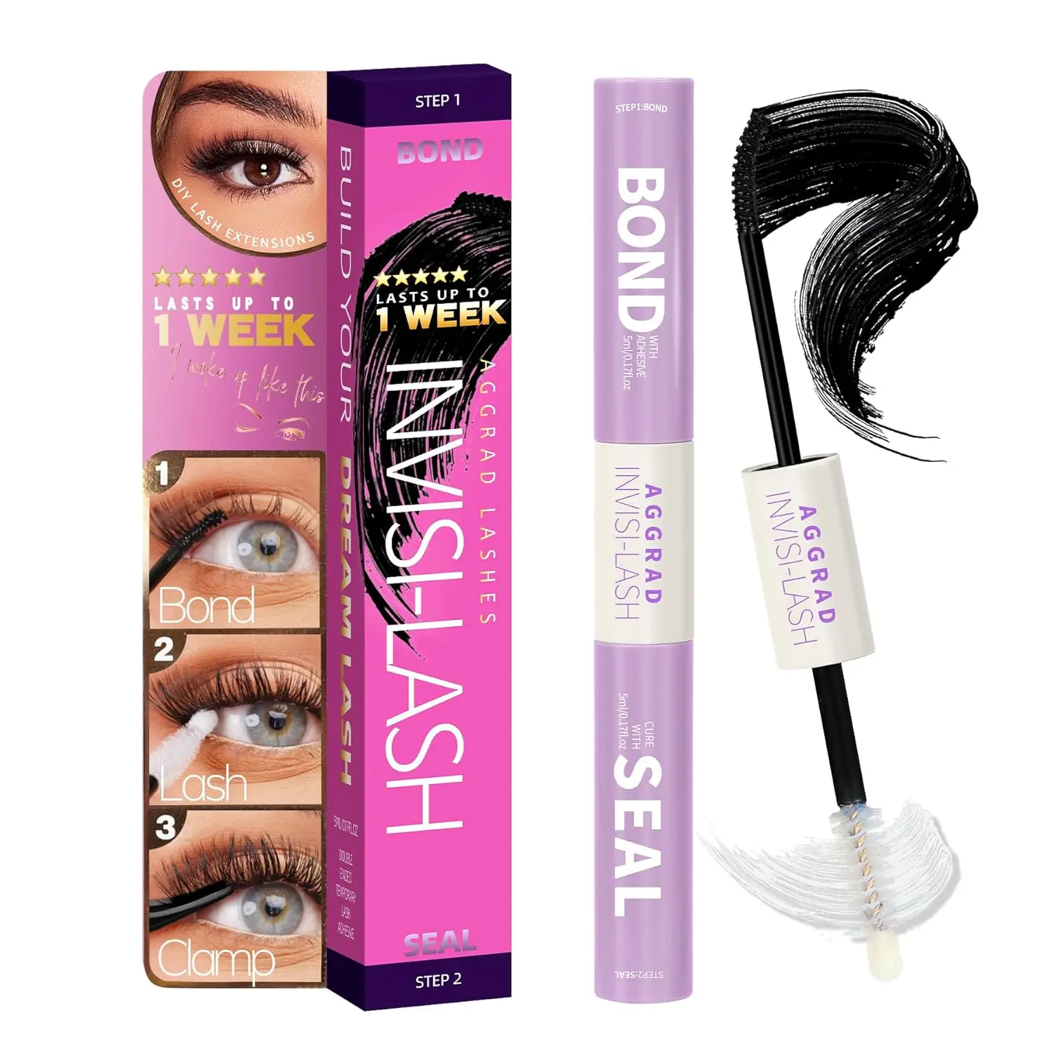Brown Lash Cluster Glue Bond and Seal Waterproof 150H Super Strong Hold Long-Lasting for Eyelash Clusters Extensions Kit DIY Self Adhesive 2 in 1 Individual Lash Glue Brown Bonder & Clear Sealant