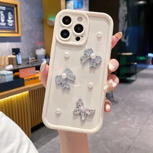 Fashion Silver Bow Pearl Handmade Rhinestone Phone Case, Anti-Drop Shockproof Full Protection, Suitable for iPhone 17/16/15/14/13/12/11/7/8