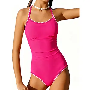 Girls One Piece Swimsuits Halterneck Color Block Contrast Trim Bathing Suit Back Cross Lace Up Swimwear