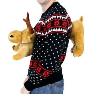Black 3-D Ugly Christmas Sweater with Stuffed Moose Menswear Wool