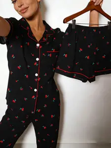 Women's Sleepwear Three-Piece Set, Short Sleeves + Shorts + Long Pants, Cherry All-Over Print, Casual Slim Fit Home Wear, Pajama Set, Homewear