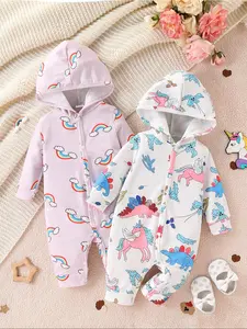 Hooded Jumpsuit Set, Cute Cartoon Rainbow Dinosaur Prints, Fitted Warm Winter, Casual Daily Wear for Babies, Baby Girl Clothes