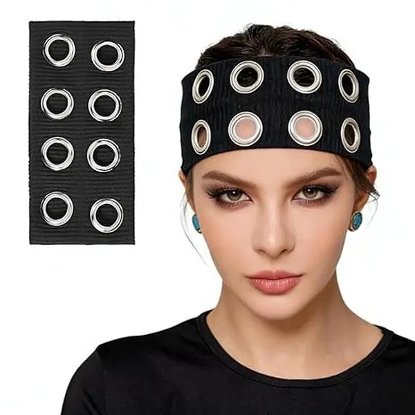 Black Grommet Headband With Holes, Junk Headbands Punk Grunge Head Band Y2k | Y2k Grunge Headband for Women Non Slip Halloween Costumes for Women Goth Makeup Headband for Hair Bandana Punk Rock Headbands