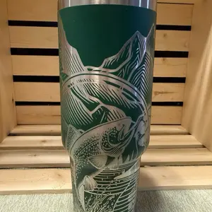 40oz Engraved Fishing Tumbler Green Stainless Steel Insulated Cup with Detailed Fish Design