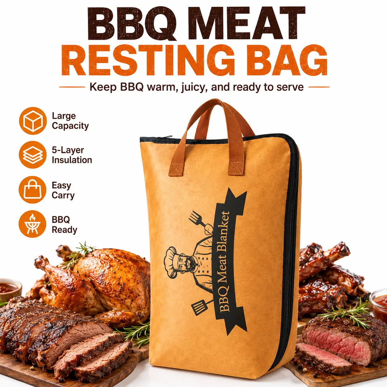 5-Layer Insulation Reusable BBQ Meat Resting Blanket, 21in Heavy-Duty Brown Aluminium Bag with Handle, PE Waterproof Insulation Layer for Pitmaster, Fits Brisket, Ribs & Large Cuts, Lightweight Moisture Retention, Prevents Dry Meat