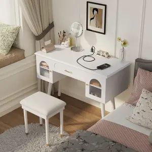 White Vanity Desk Set with Stool and  Charging Port, Modern Dressing Table with Organizer, Writing Desk, Ample Storage and Stool, Elegant Vanity Makeup Table Set for Bedroom