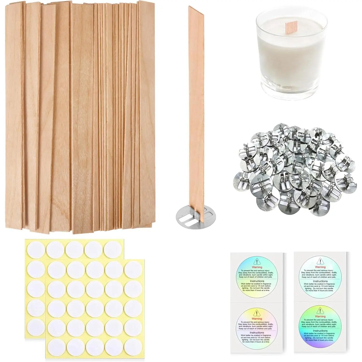 200 count Thicked  Candle Wicks for Candle Making, 5.1 X 0.51X 0.06 Inch Upgrade  Wicks, Wooden Wicks Box Includes Iron Stander, Glue Dot, and  Labels (50 Sets)