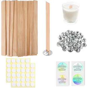 200 count Thicked  Candle Wicks for Candle Making, 5.1 X 0.51X 0.06 Inch Upgrade  Wicks, Wooden Wicks Box Includes Iron Stander, Glue Dot, and  Labels (50 Sets)