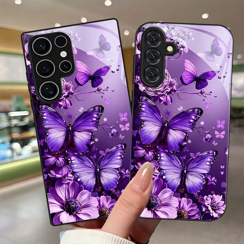 Elegant Purple Butterfly Flower Multi-Model Protective Smartphone Case with Tempered Glass Lens Protector, Compatible with Samsung Galaxy S26,S25,S24,S23,S22 Pro,S21,S20 FE Plus Ultra,A56-A03s Mobile Accessories