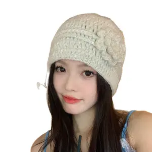 Korean version fine flash flower knitted hat women's autumn and winter casual versatile ear protection warm headgear sweet face hat