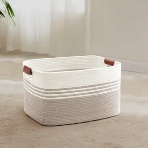 45L Small Laundry Basket with Leather Handles for Living Room Storage, Woven Rope Baskets Bin for Blanket, Kids Toy, Gifts, Wicker Hamper for Bedroom Dirty Clothes, 18"x14"x11" White Brown