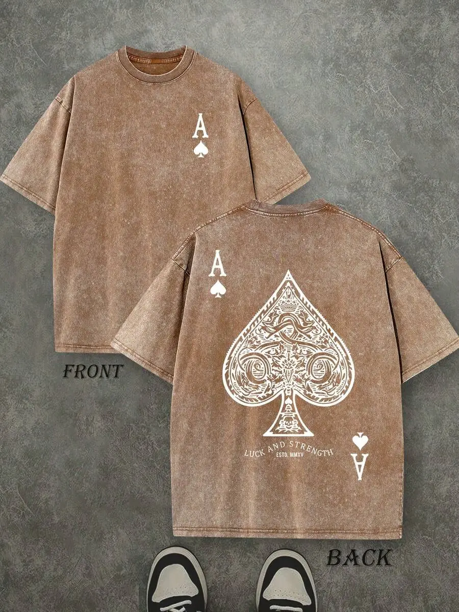 Retro Washed T-Shirt Double Sided Printed (230 Pure Cotton T-Shirt) 'LUCK AND STRENGTH'  Letter And Ace Of Spades Pattern Print, Men's T-Shirt, Men's Casual, Comfortable, Fashionable T-Shirt, Street Style Cotton,back to school,back to school shopping