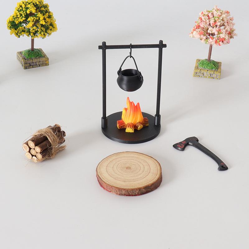 BougeRV  Mini Campfire & Teapot Miniature Statue – DIY Craft/Desktop Photo Prop, Wood/Plastic/PLA Decor Gift for Home, Kitchen, Office, or Garden