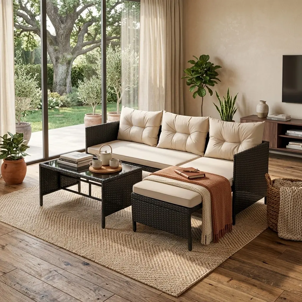 Outdoor 3-Piece L-Shaped All-Weather Wicker Patio Furniture Set - Rattan Sectional Sofa with Chaise Lounge, Loveseat, Soft Cushions, Tempered Glass Table - Modern Leisure Couch for Backyard, Porch Relaxation, Patio Furniture Sets, Outdoor Furniture
