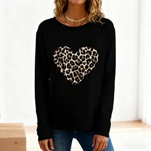 Women's Leopard Heart Pattern Long Sleeve Round Neck T-Shirt - Spring Autumn Casual Regular Fit Top, Machine Washable Comfortable Pullover, Loose Fit Soft Fabric Short Sleeve T-Shirt Long Sleeve Black Crewneck Everyday Stretchy outdoorfun