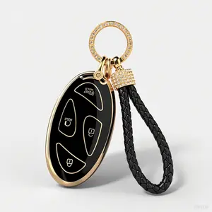 Key Fob Cover for Hyunda with Keychain, Premium TPU Key Case Shell for 2024 2023 Hyunda Ioniq 6, Grandeur GN7, KONA, Elanrtra, Sonata Smart Key Protector (5-7 Buttons, Gold border, black and white) lost