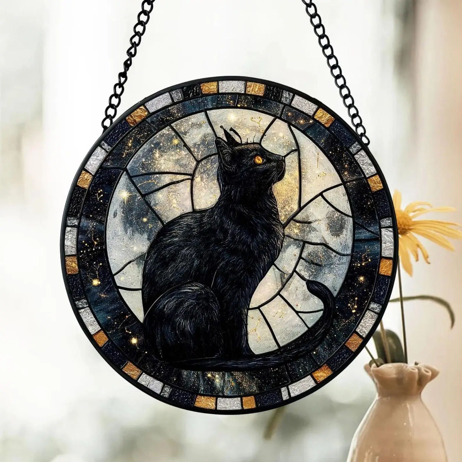 Gothic Celestial Black Cat Acrylic Suncatcher Stained Glass Style Window Hanging Ornament | Witchy Moon Pagan Room Decor | Perfect Gift for Cat Lovers & Witch Aesthetics