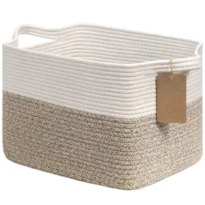 Woven Storage Basket for Shelves, Cotton Rope Dog Toy Bin, Empty Gift Basket with Handles, Square Baskets for Storage Organiser