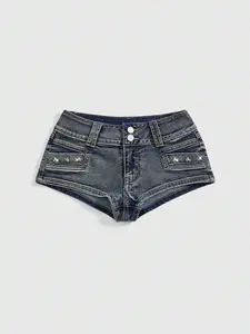 SHANIAH Spring/Summer Ultra Super Low Waist Sexy Vintage Distressed Skull Studded Women's Kpop Denim Shorts