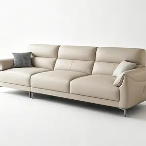 3 Seater Genuine Leather Sofa, Modern Minimalist Upholstered Couch with Split Back Cushions, Slim Metal Legs, Beige Leather Sofa for Living Room