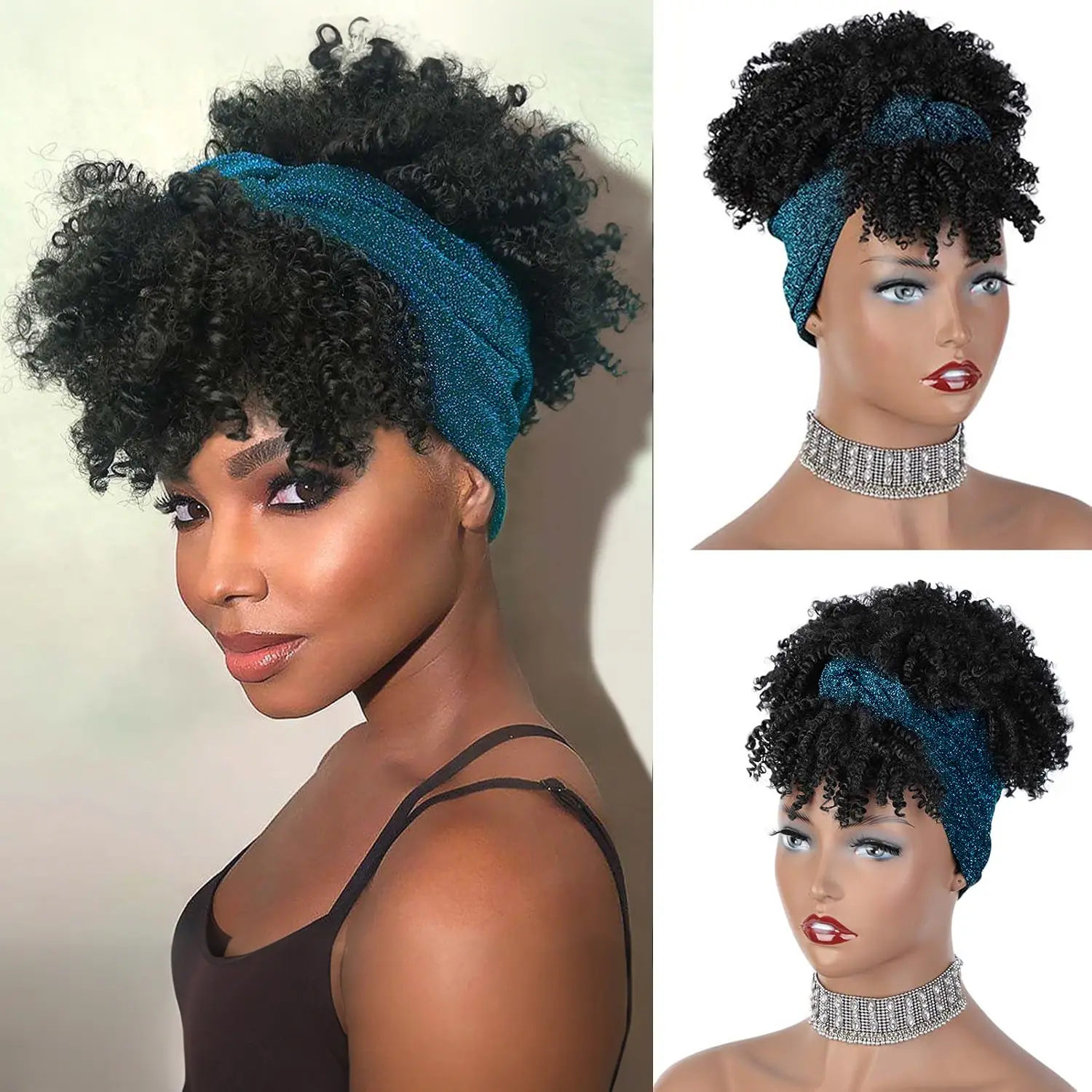 Kinky Curly Headband Wig Afro Headband Wigs Short Afro Puff Wigs Curly Hair with Bangs Head Wrap 2 in 1 for Women Black Scarf 2 in 1 Headwrap Synthetic Half Wig