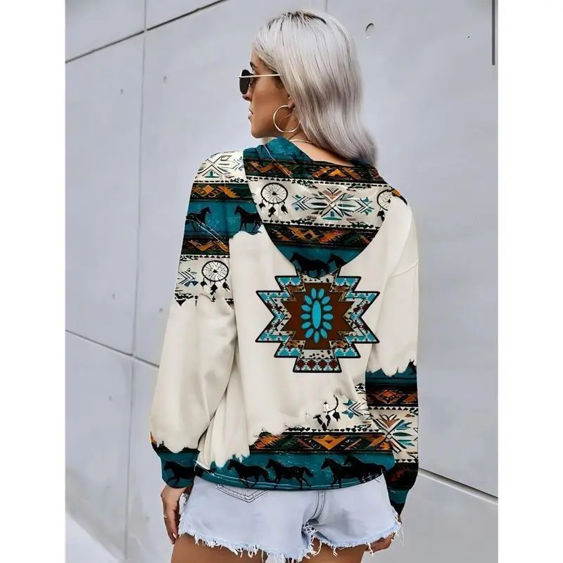 Women's Western Ethnic Style Print Aztec Hoodie Pullover Cowgirl Rhombus Printed Hooded Sweatshirt Women's Western Ethnic Style Print Aztec Hoodie Pullover Cowgirl Rhombus Printed Hooded Sweatshirt