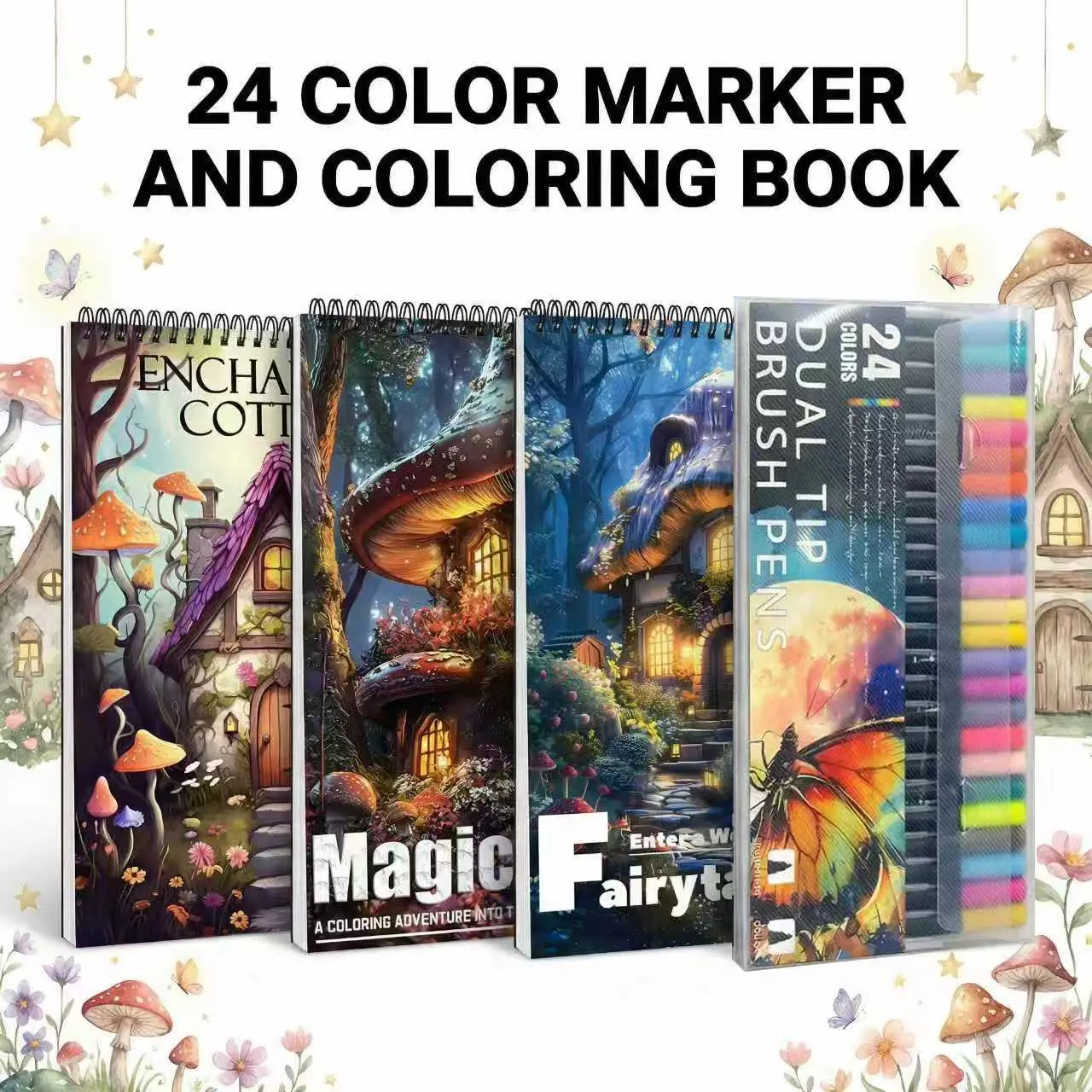3pcs Coloring Books, Creative Coloring, 24 Colors Marker Set, Coloring Book Markers, Art Drawing Supplies - Fairytale House Themes, Beginner-Friendly & Designs for Adults - Thick Paper, Mindfulness & Therapeutic Artwork - Perfect Gift for Holidays