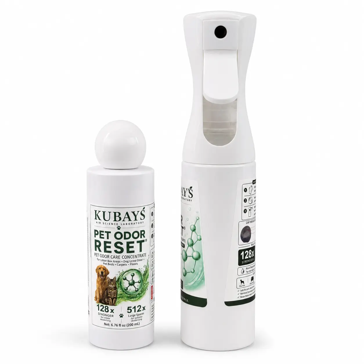 Kubays Bio-Enzyme Pet Odor Eliminator Concentrate Kit, 200 mL + 300 mL Refillable Spray Bottle, Breaks Down Odors, 128X/512X Dilution for Dog & Cat Urine, Litter Box & Home