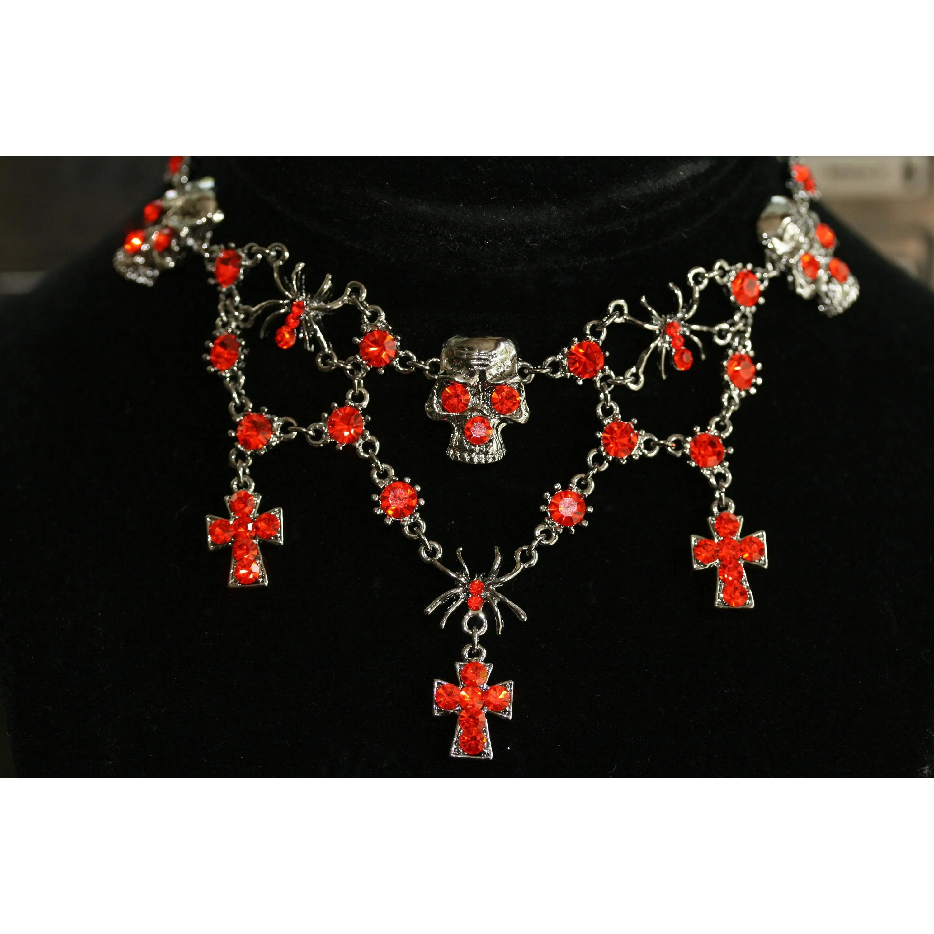 Women's Retro Gothic Hypoallergenic Alloy Choker Necklace - 15.5in Short Design with Rhinestone Skull, Spider & Cross Pendants, 2.75in High, 31g Each, Excellent Craftsmanship, for Halloween, Halloween Aesthetic, Party, No Warning Applicable