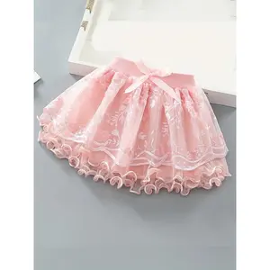 Girls' lace short skirt with embroidered flowers, toddler mesh tutu skirt, new summer style with three-layer hem