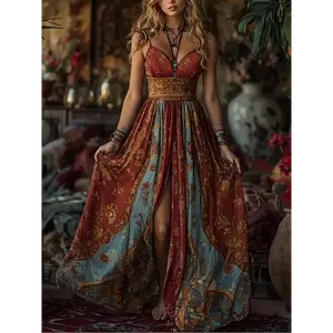 Women'S Bohemian Maxi Dress - Elegant V-Neck Beach Party Outfit, Flowy Formal & Casual Evening Gown in Red/Blue/Orange/Teal/ - Lightweight Summer Dress for Women, Vacation Outfit, Flowing Sleeves, Stylish Construction, Boho Lovers  Fabric Womenswear