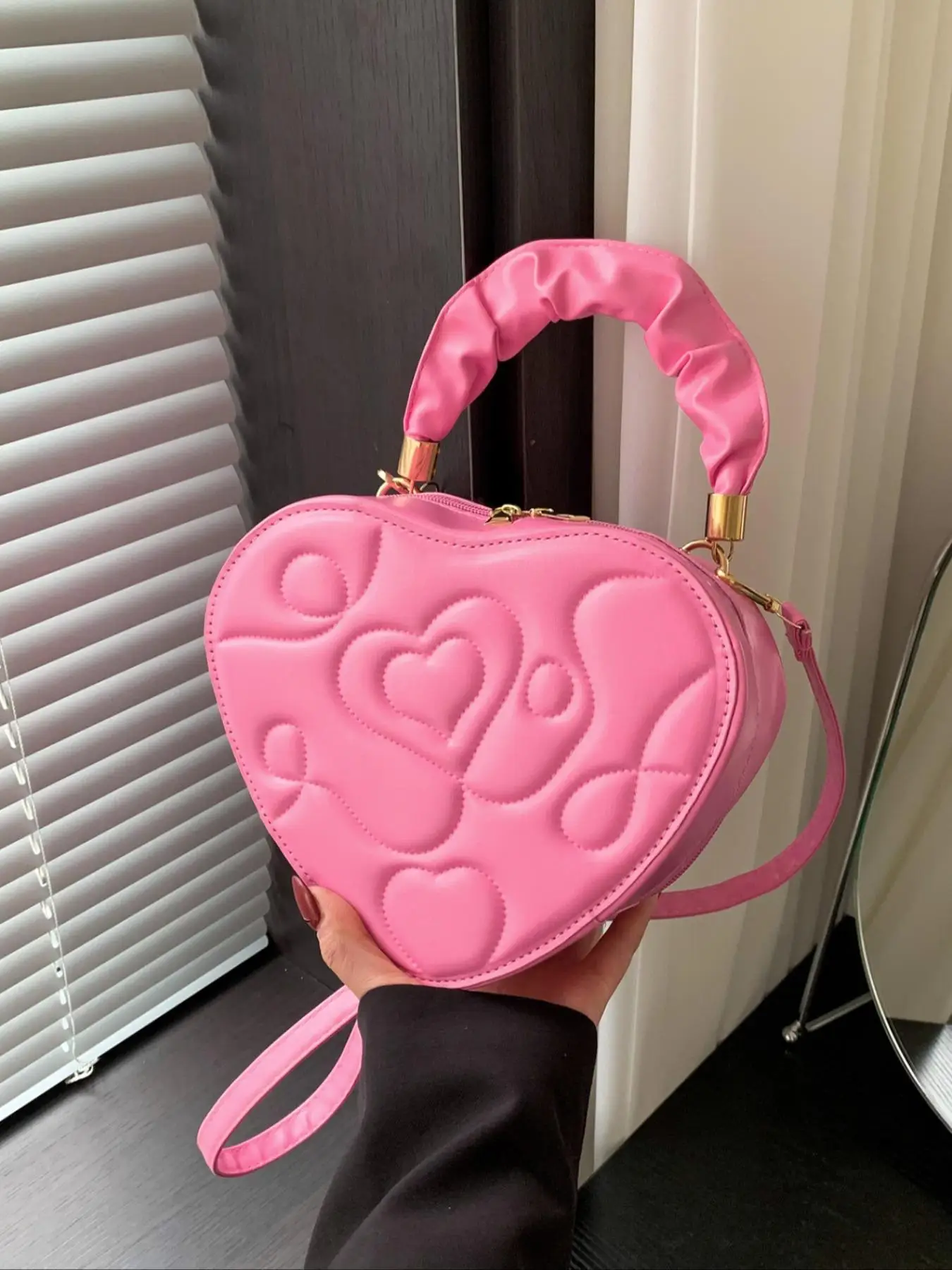 Women's Fashionable Plain Heart Design Texture Handbag, Minimalist Temperament All-match Zipper Shoulder Bag for Women, Female Chic Trendy Bag for Dai